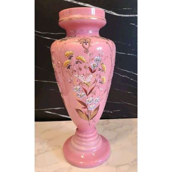 Lg Antique Harrach Bohemian Czech Pink Opaline Overlay Vase Flowers & Bees 14” - Picture 1 of 16
